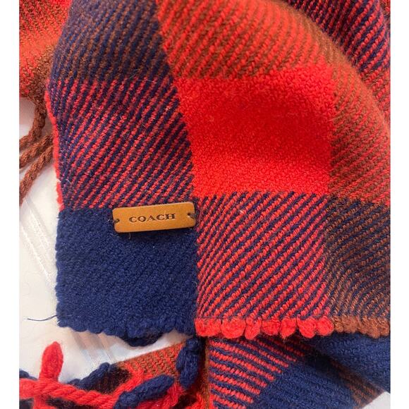 Coach Wool Cashmere Buffalo Plaid Scarf Shawl Wrap Red Blue Orange 18" X 62" - Picture 2 of 6